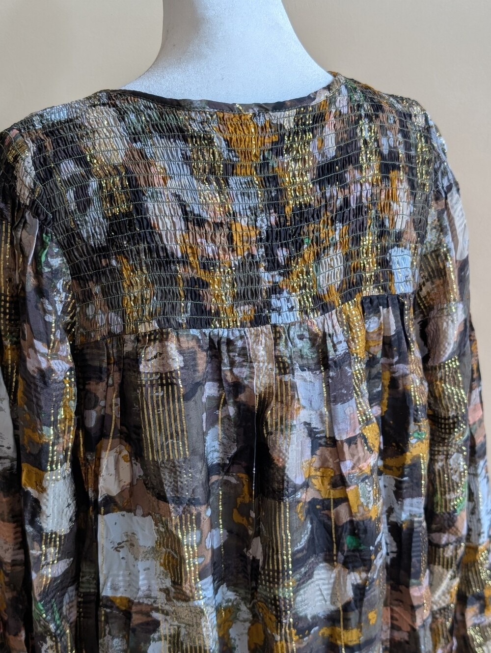 Anthropologie Blair Shimmer Maxi Dress L Gold Metallic Abstract Print Lined - Picture 9 of 14